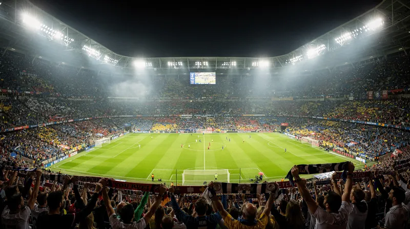 Packed stadium during a night game under floodlights