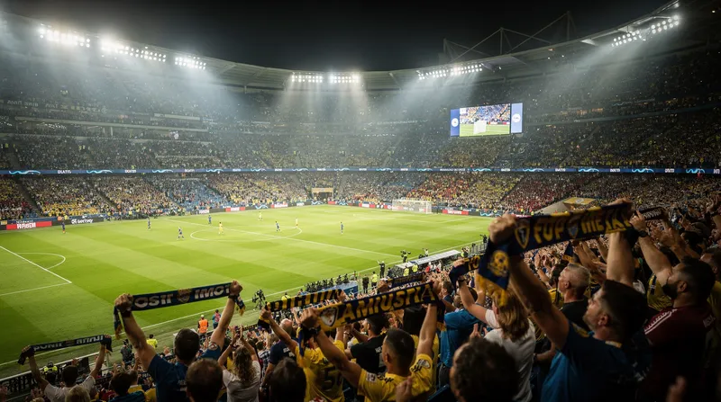 Packed stadium during a night match under floodlights