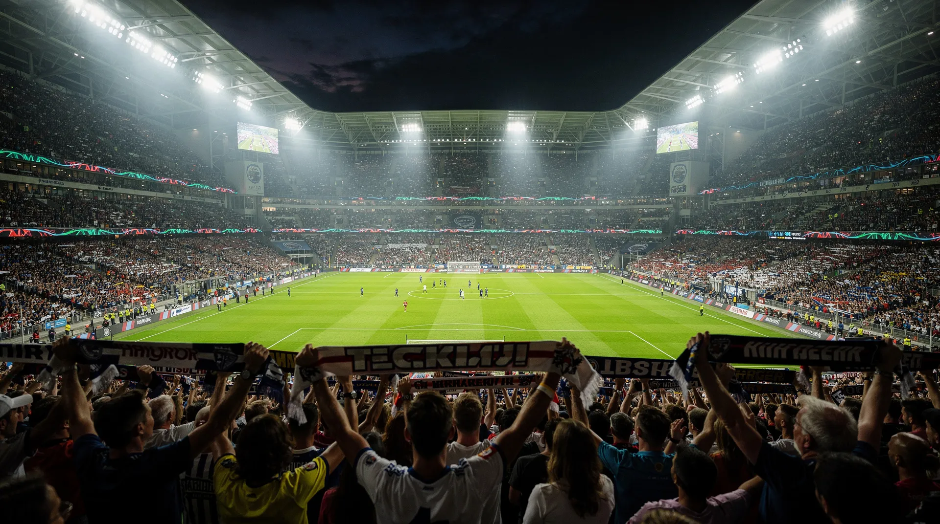Packed stadium during a night match under floodlights