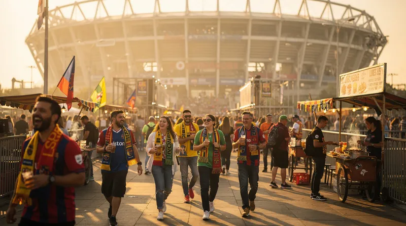 Baseball fans walking toward a stadium entrance at golden hour