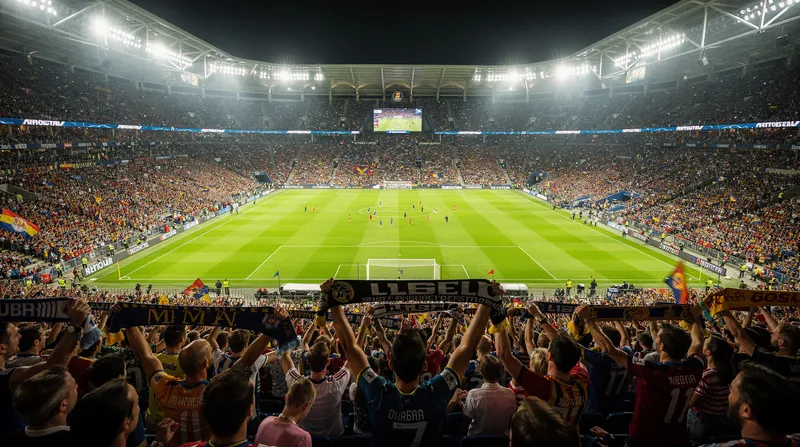Packed stadium during a night match under floodlights
