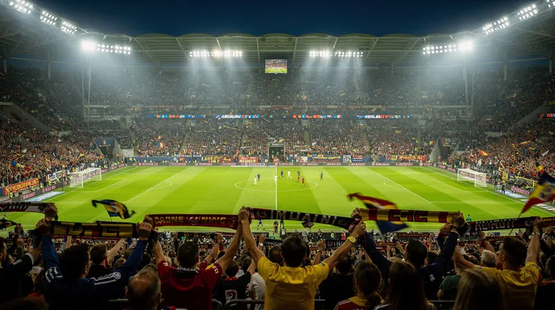 Packed stadium during a night match under floodlights