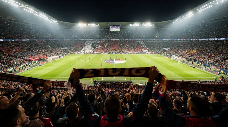 Packed stadium during a night game under floodlights