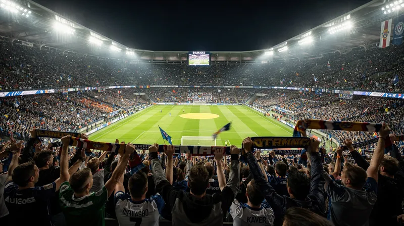 Packed stadium during a night game under floodlights