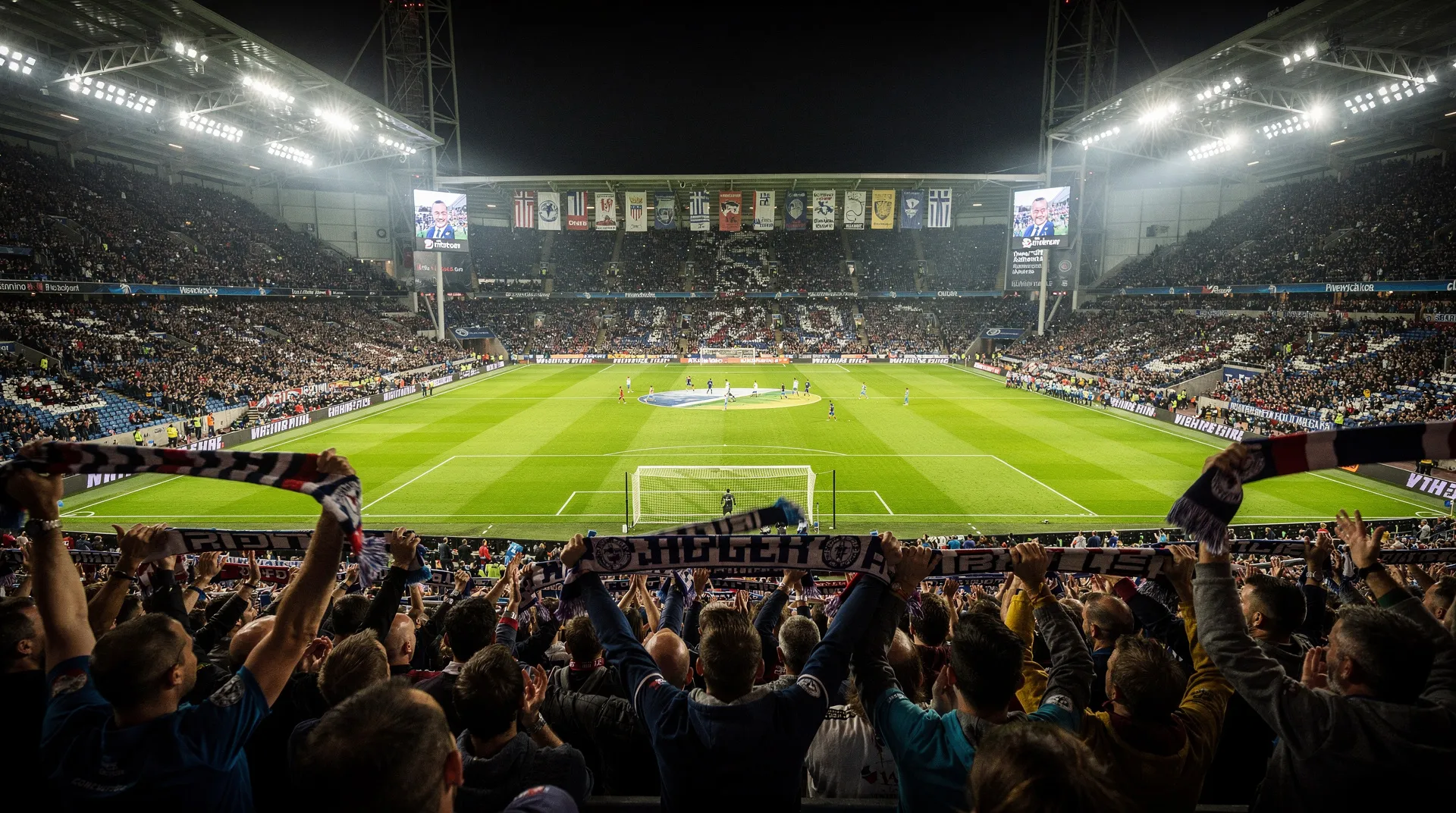 Packed soccer stadium during a night match under floodlights