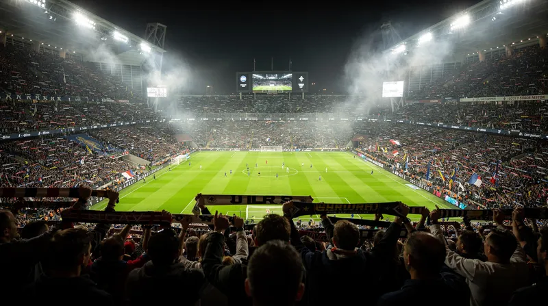 Packed stadium during a night game under floodlights