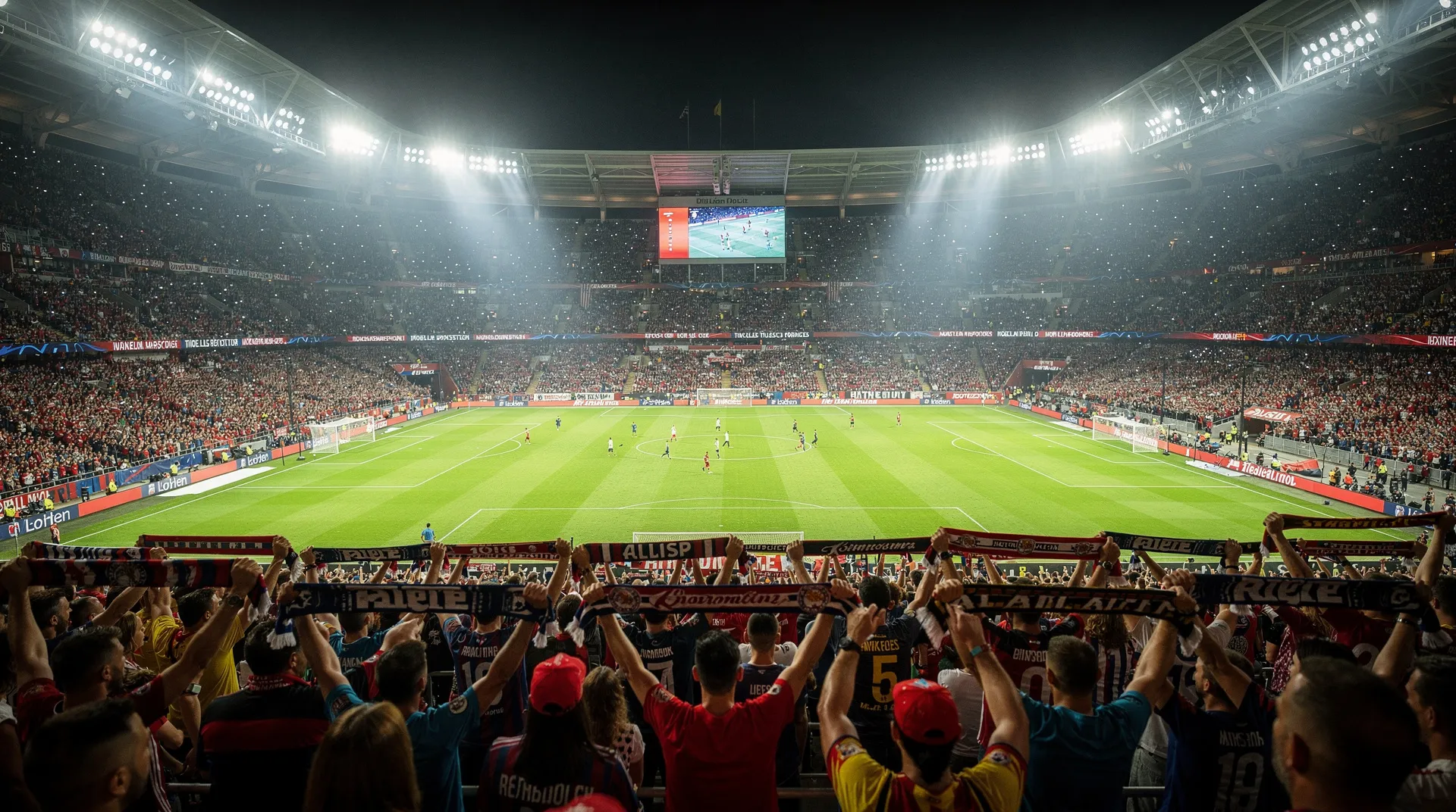 Packed stadium during a night game under floodlights