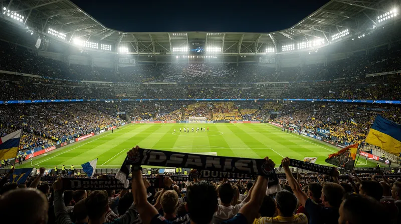 Packed stadium during a night match under floodlights