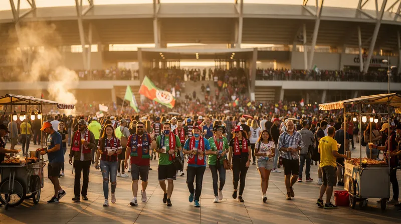 Baseball fans walking toward a stadium entrance at golden hour