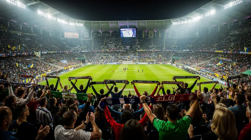 Packed stadium during a night game under floodlights