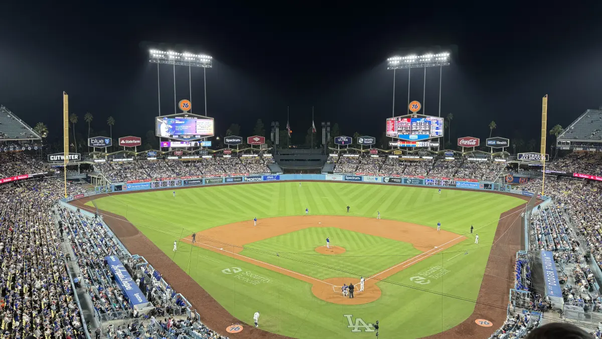 A packed Dodger Stadium during a night game, the largest ballpark in Major League Baseball