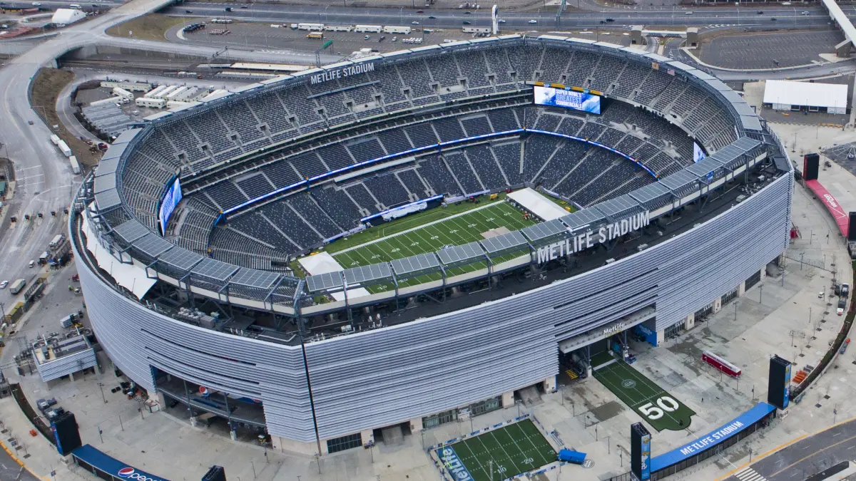 Aerial view of MetLife Stadium in East Rutherford, New Jersey, the largest NFL stadium by seating capacity