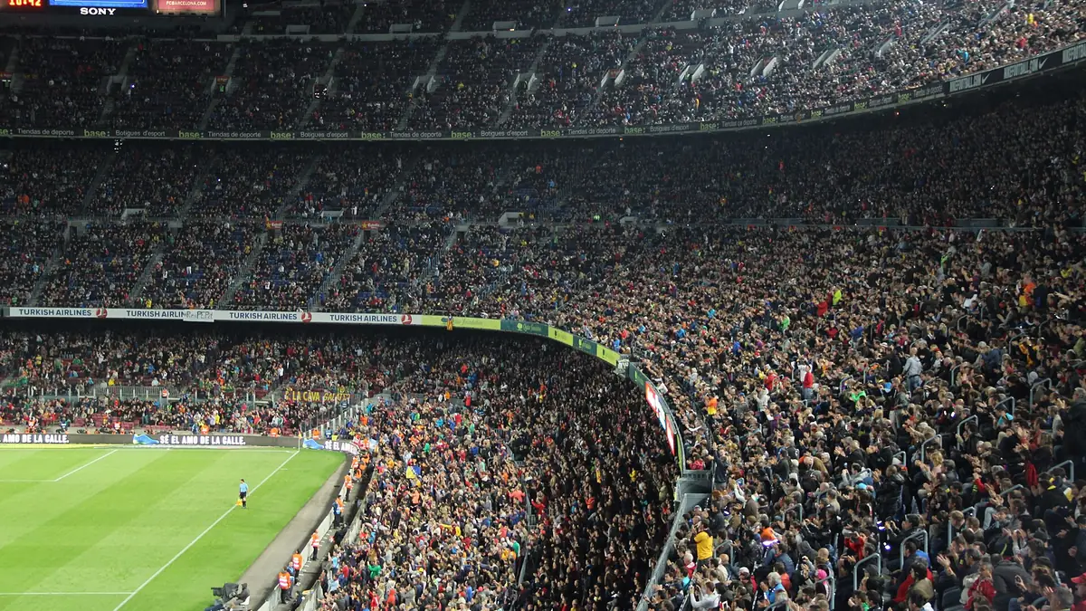 The packed stands of Camp Nou in Barcelona, the largest stadium in Europe by capacity