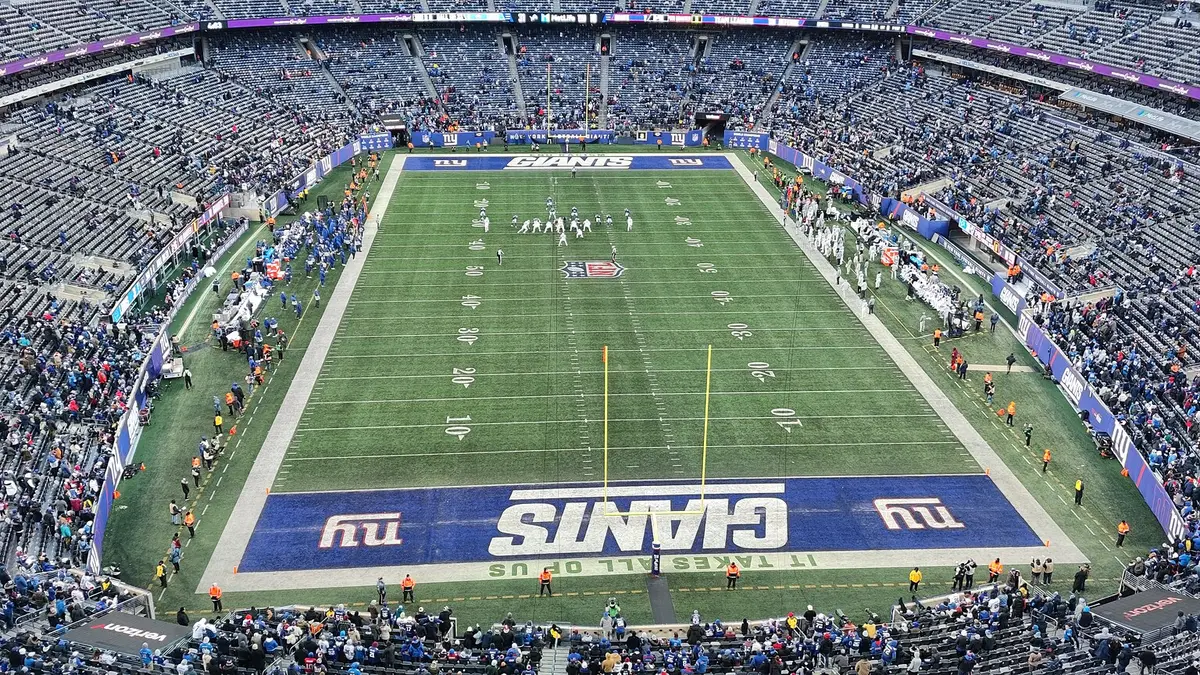 MetLife Stadium seen from the back of the 300 Level behind the end zone during a New York Giants game