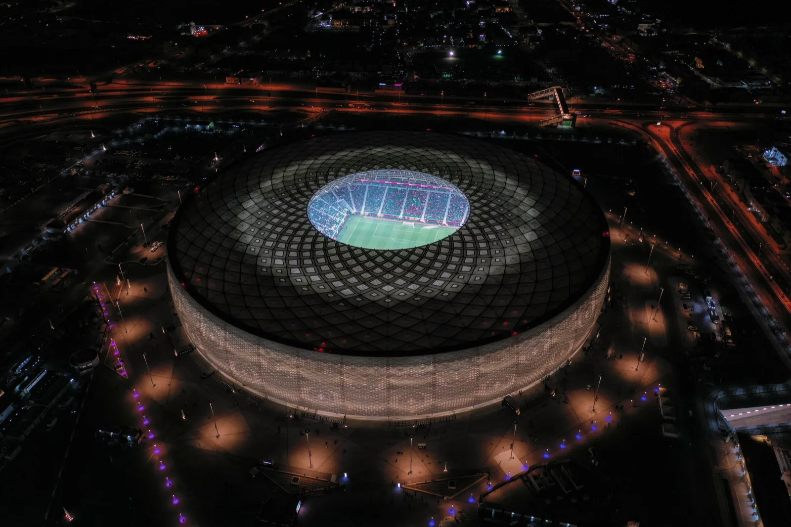 Al Thumama Stadium's woven facade shaped like a gahfiya cap in Doha