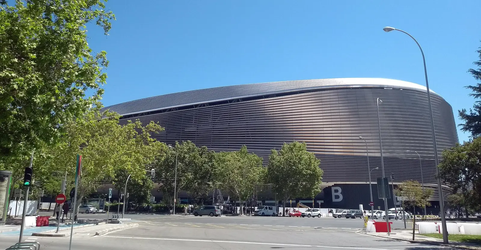 The renovated Santiago Bernabéu Stadium in Madrid wrapped in its curved stainless-steel facade