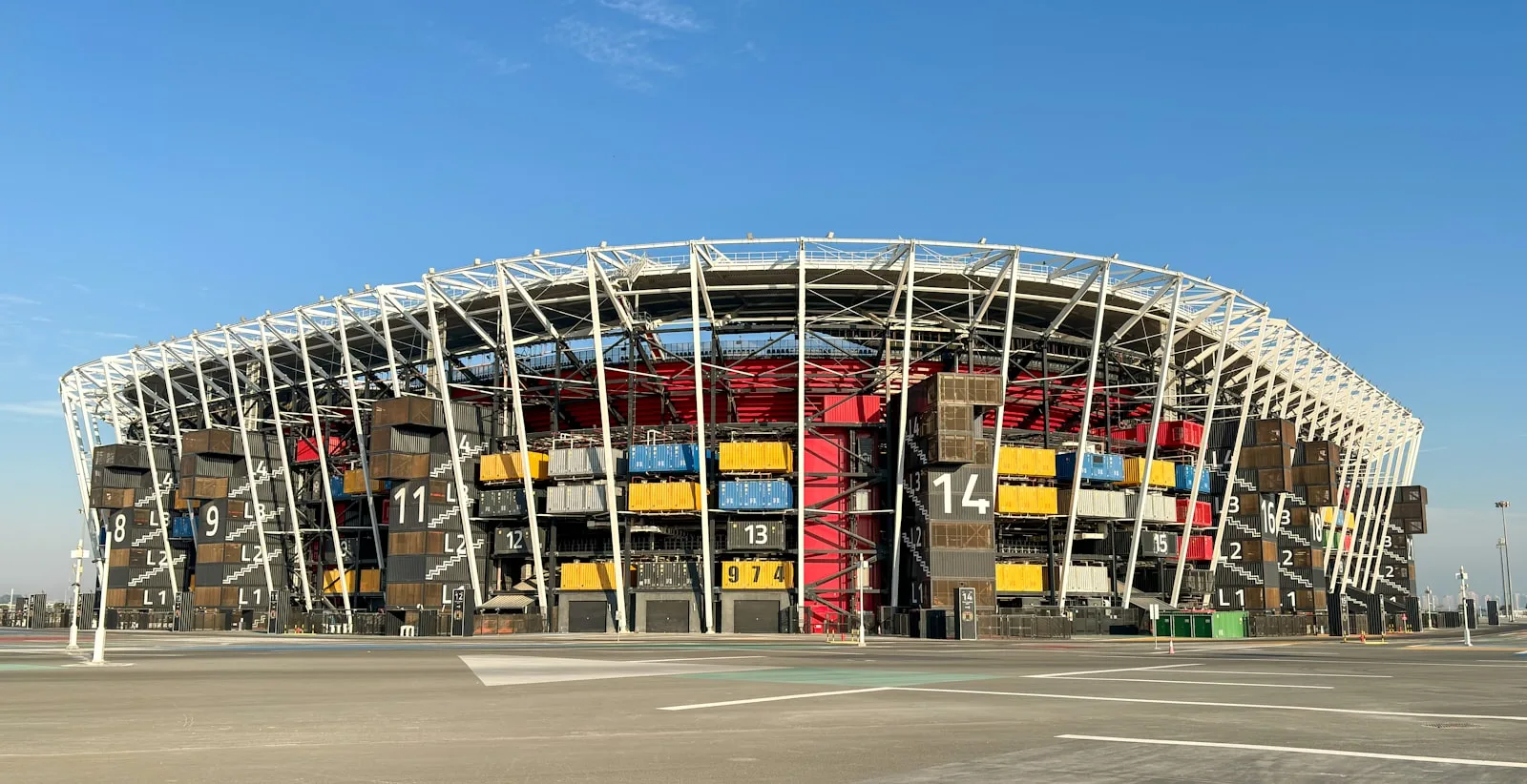 Stadium 974's colourful shipping-container facade on the Doha waterfront